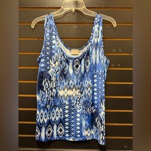 Jillian Nicole Blue Ikat Print Tank Top XL Made in USA Stretch